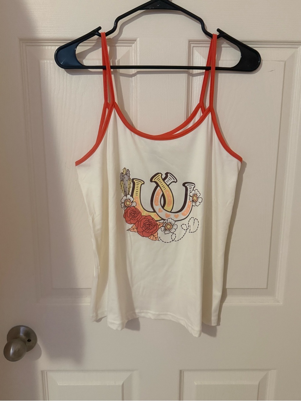 Charisma White Cami with matching shorts Orange Trim & Floral Horseshoe Graphic